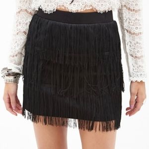 NY&Co Black Fringe Tiered Mini Skirt with Satin Waistband, Size 10
